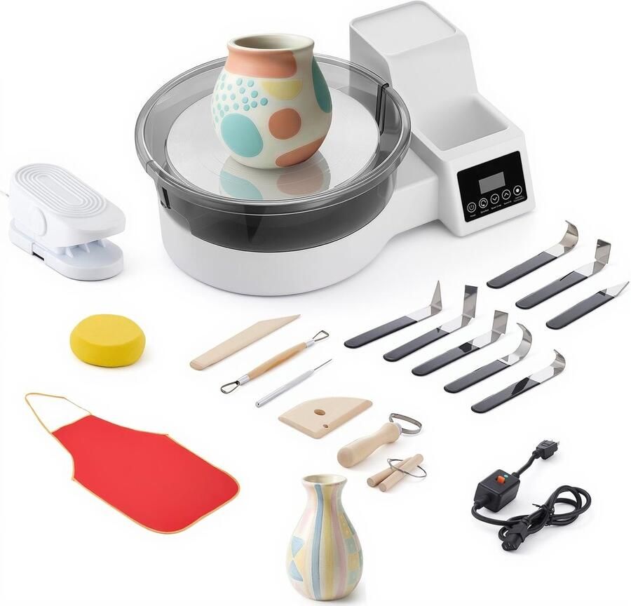 Elektrische pottenbakkersschijf Pottenbakkersmachine 450W Vermogen Draaischijf 28 cm Aluminium Voetpedaal Instelbare snelheid 30-300 tpm Voor beginners Wit