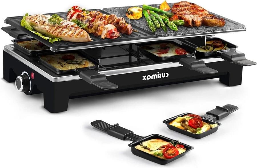 Elektrische Raclette Grill Tafelgrill Bakplaat Gezellig Eten Omkeerbare 2-in-1 Plaat 8 Pannen Diepzwart