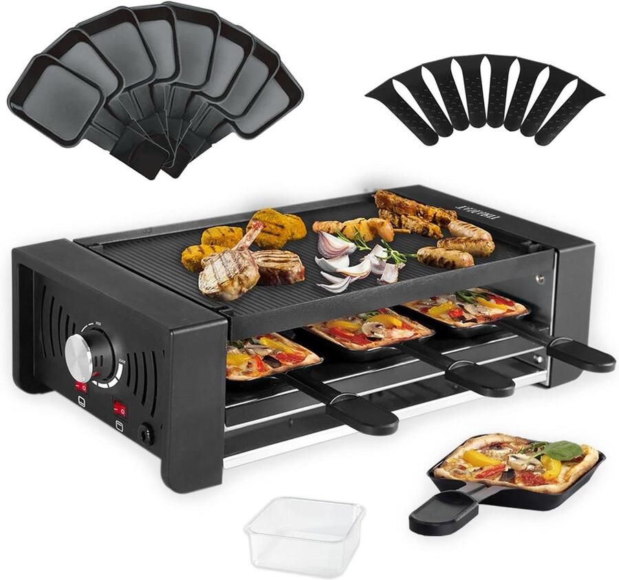 Elektrische Raclette Grill Tafelgrill Pizzaoven Gezellig Eten 3-in-1 Functie 8 personen Zwart