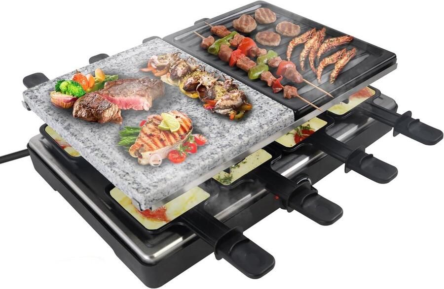Elektrische Raclette Grill voor 8 Personen met Granieten Platen en Anti-Aanbaklaag 1400W Tafelgrill