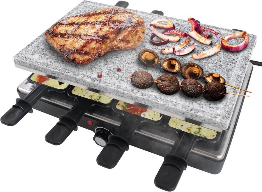 Elektrische Raclette Grill voor 8 Personen met Steengrill en Grillplaat