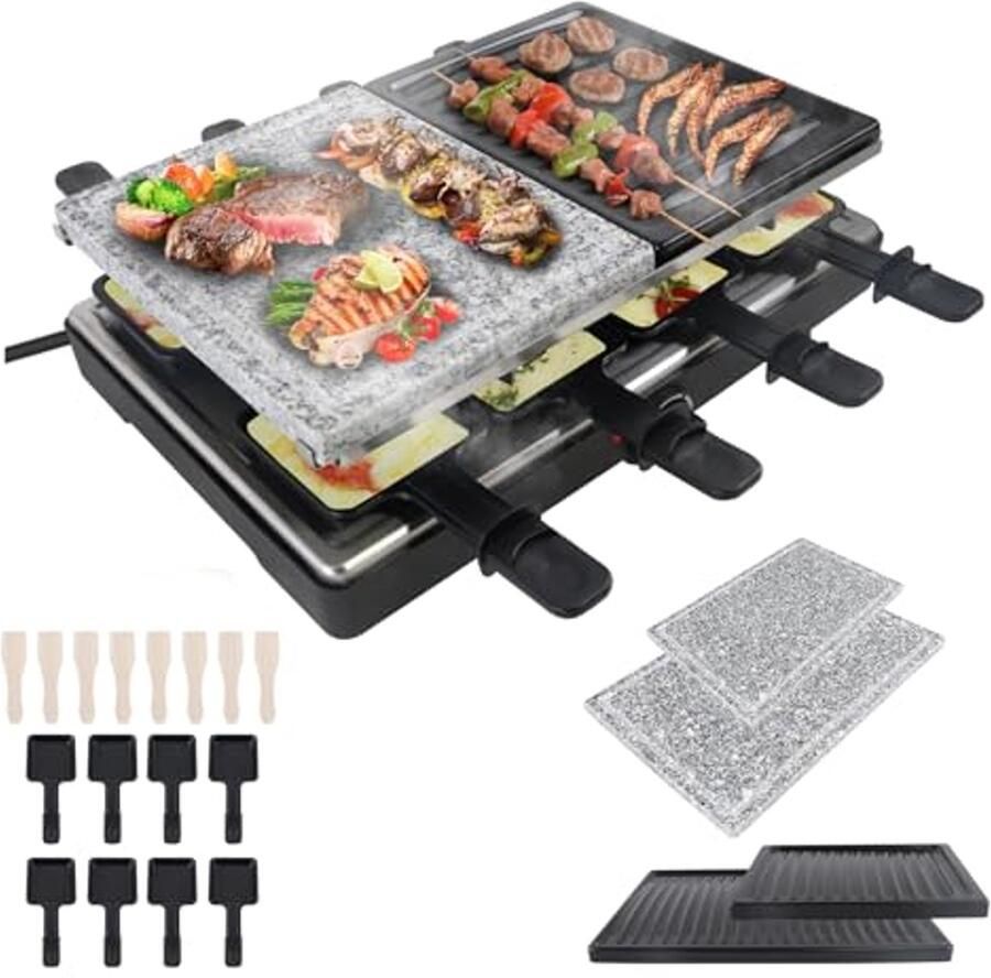 Elektrische Raclette Grill voor 8 Personen Tafelgrill met Antiaanbaklaag en Granieten Platen