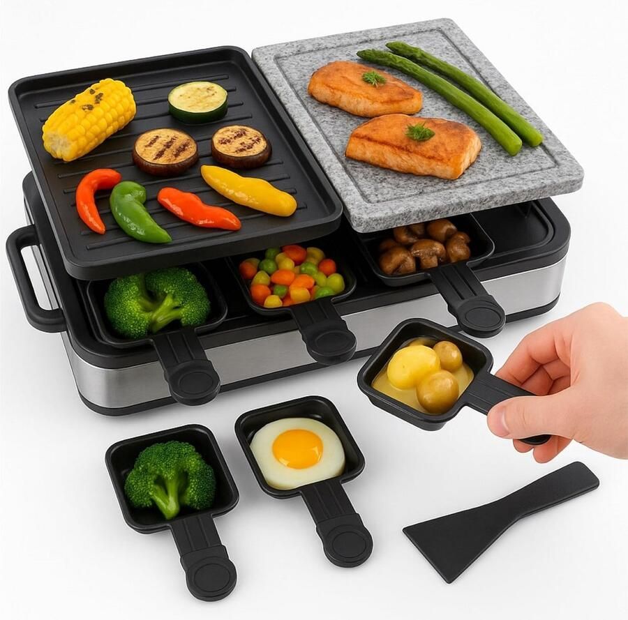 Elektrische Raclette Grill voor 8 Personen Tafelgrill met Stevige Stenen en Stalen Grillplaat
