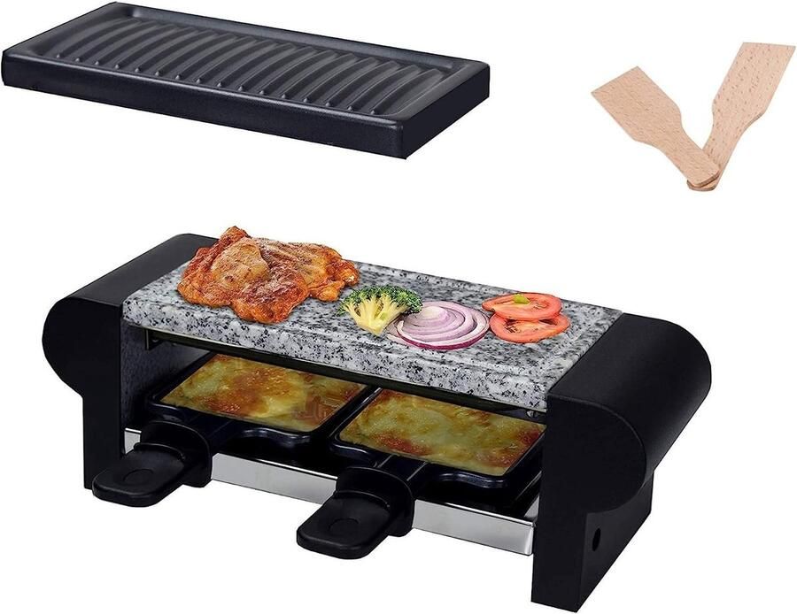 Elektrische Raclette Grill Mini Grill Gezellig Eten Dubbele Plaat Voor 2 Personen Zwart