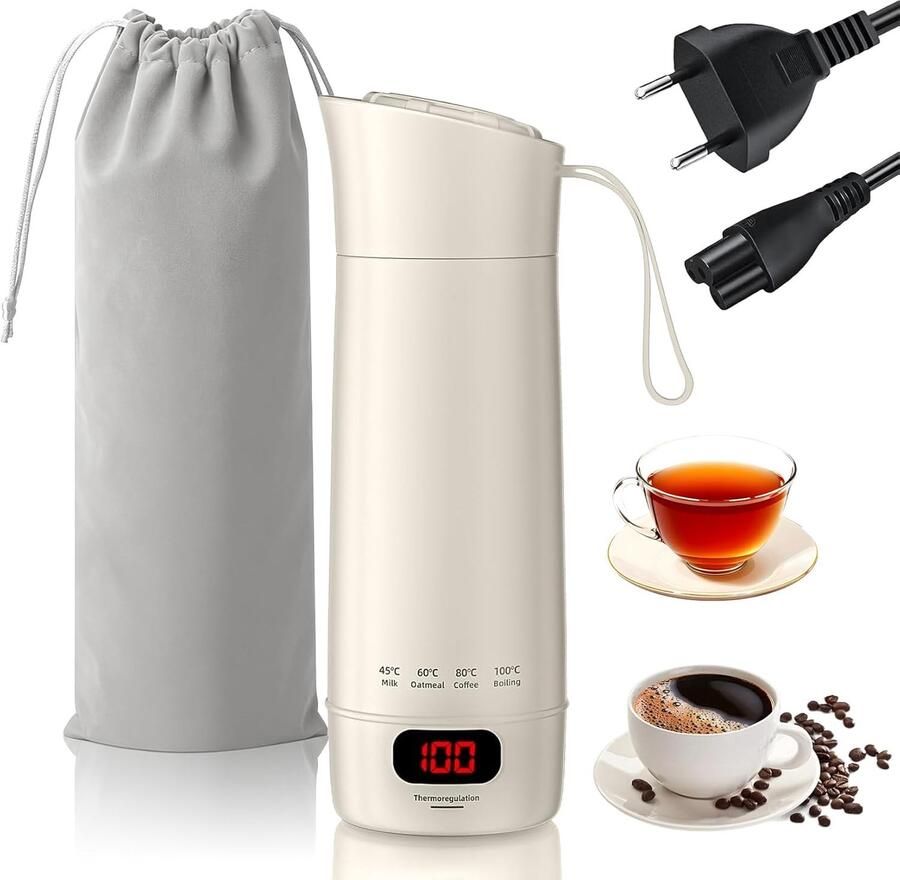 Elektrische reiswaterkoker 400 ml – mini draagbare waterkoker met 4 temperatuurniveaus snel opwarmen in 3 minuten voor thee koffie babyvoeding reizen kantoor en camping