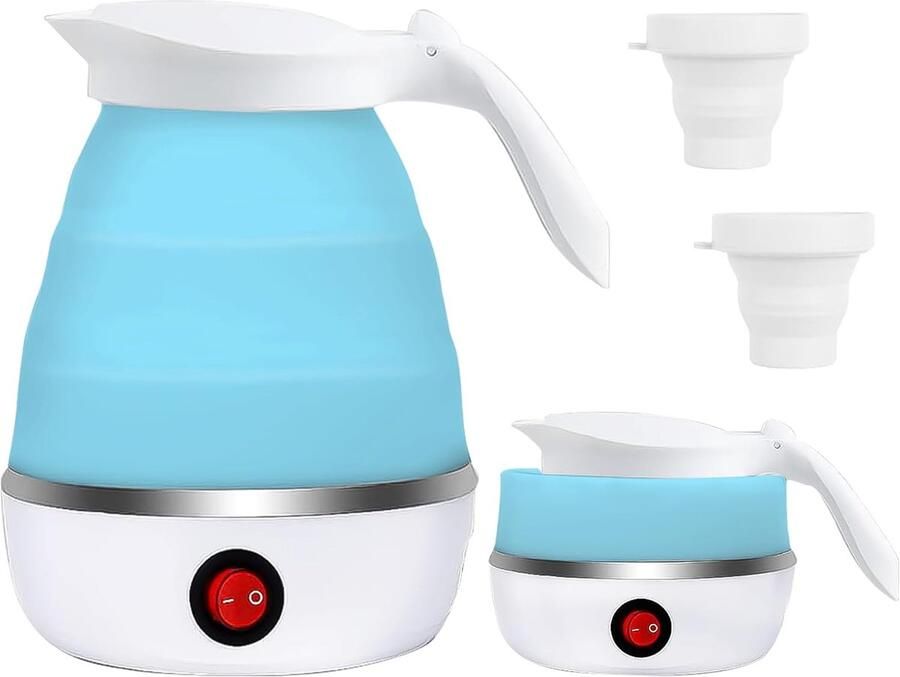 Elektrische Reiswaterkoker 600ml Mini Waterkoker van Siliconen met Roestvrijstalen Bodem Draagbare Camping Waterkoker voor Reizen Kantoor Wandelen Vakantie met 2 Opvouwbare Bekers