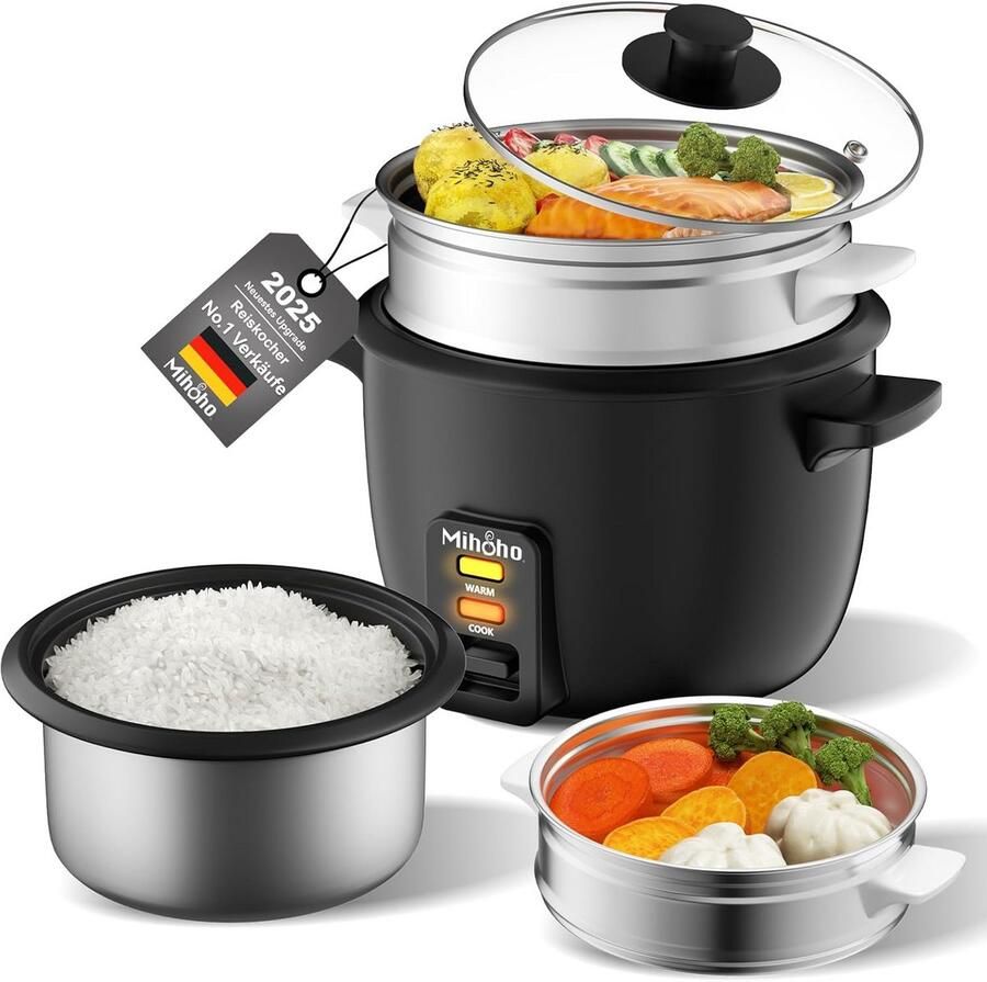 Elektrische Rijstkoker 2L met Stoomfunctie RVS Glazen Deksel en Warmhoudfunctie