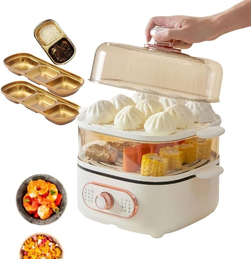 Elektrische Rijstkoker en Hotpot Stoompan Multifunctionele Kookpan Gezinsmaaltijden Bereiden Dubbele Stoomlaag 10.5L Zilver