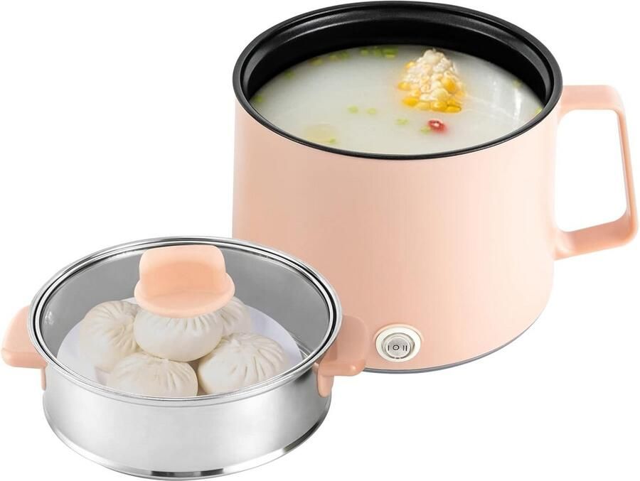 Elektrische Rijstkoker & Mini Kookpan 1 7L met Stoomfunctie Compact & Multifunctioneel (Roze)