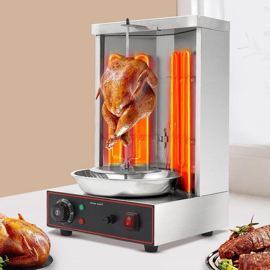 Elektrische roestvrijstalen döner grill verticale grill multigrill automatische draaigrill instelbare temperatuur 2 verwarmingsbuizen vetopvangbak controlelampjes