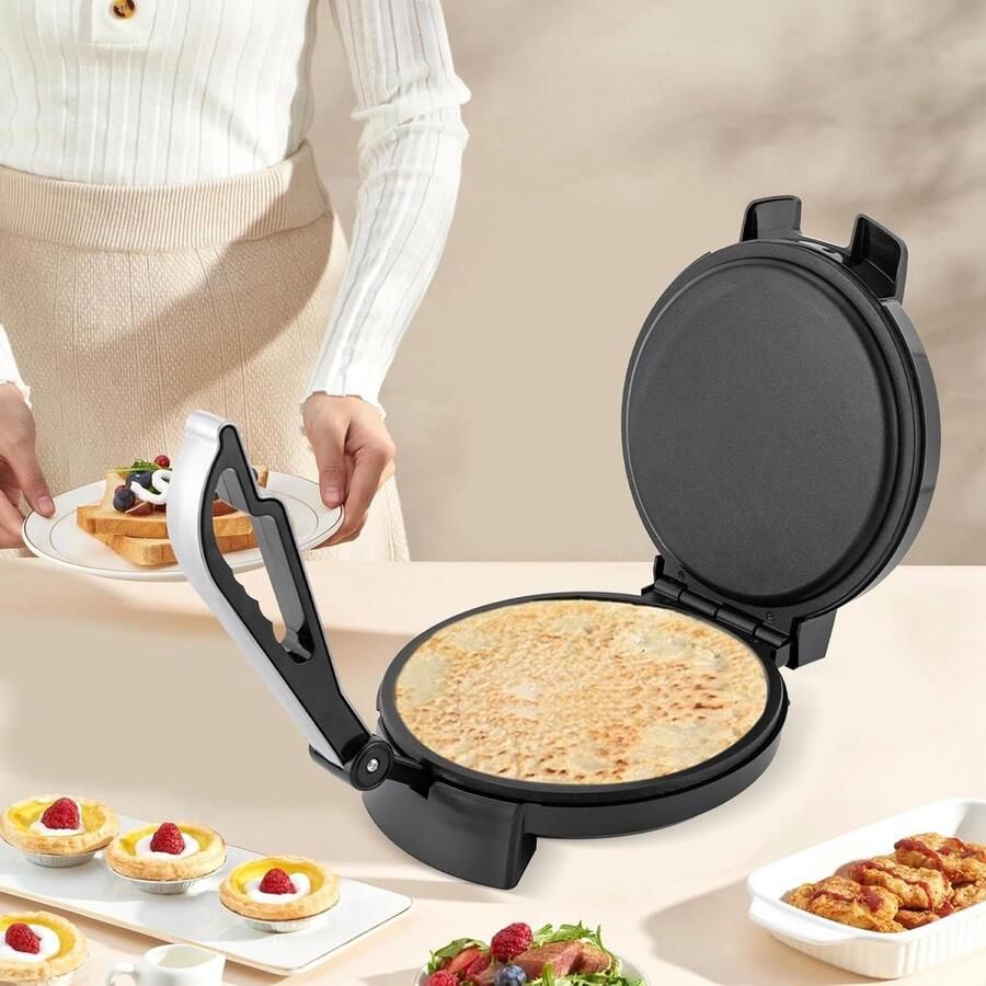 Elektrische Roti Maker Deegpers Pizzapan Platbrood Maken Instelbare Temperatuur 1200 W Zwart Zilver