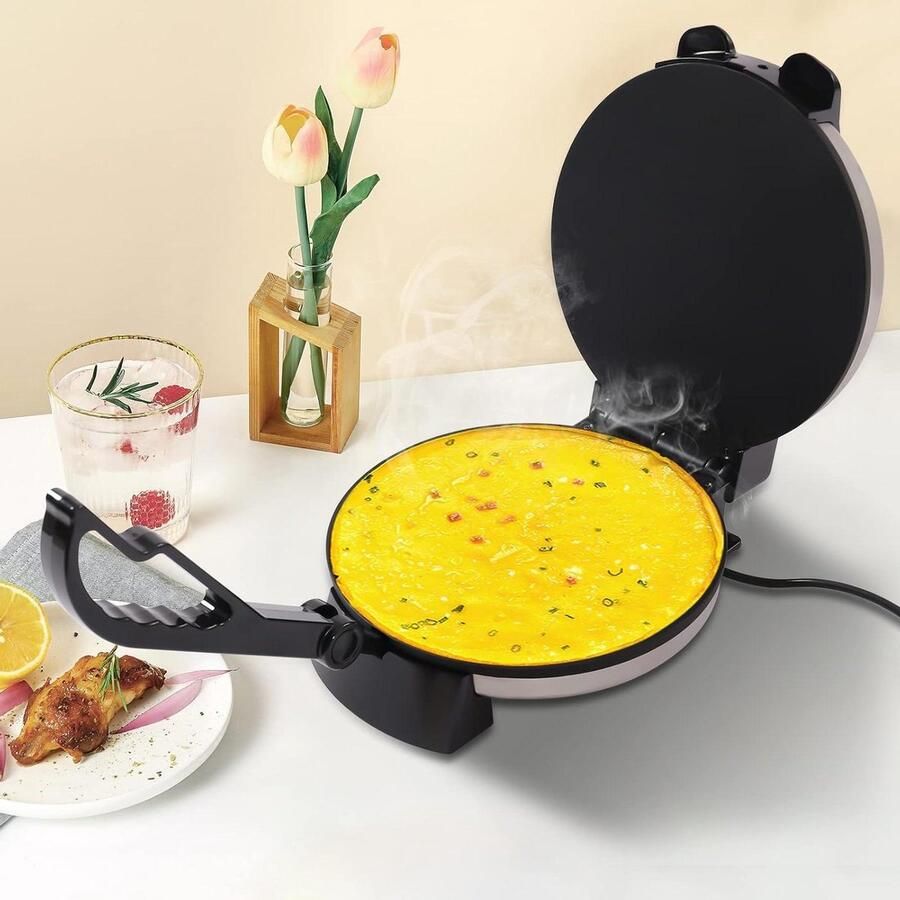 Elektrische Roti Maker Tortilla Pers Snelle Maaltijden Maken Dubbelzijdig Verwarmen 32 cm Diameter Zwart Zilver