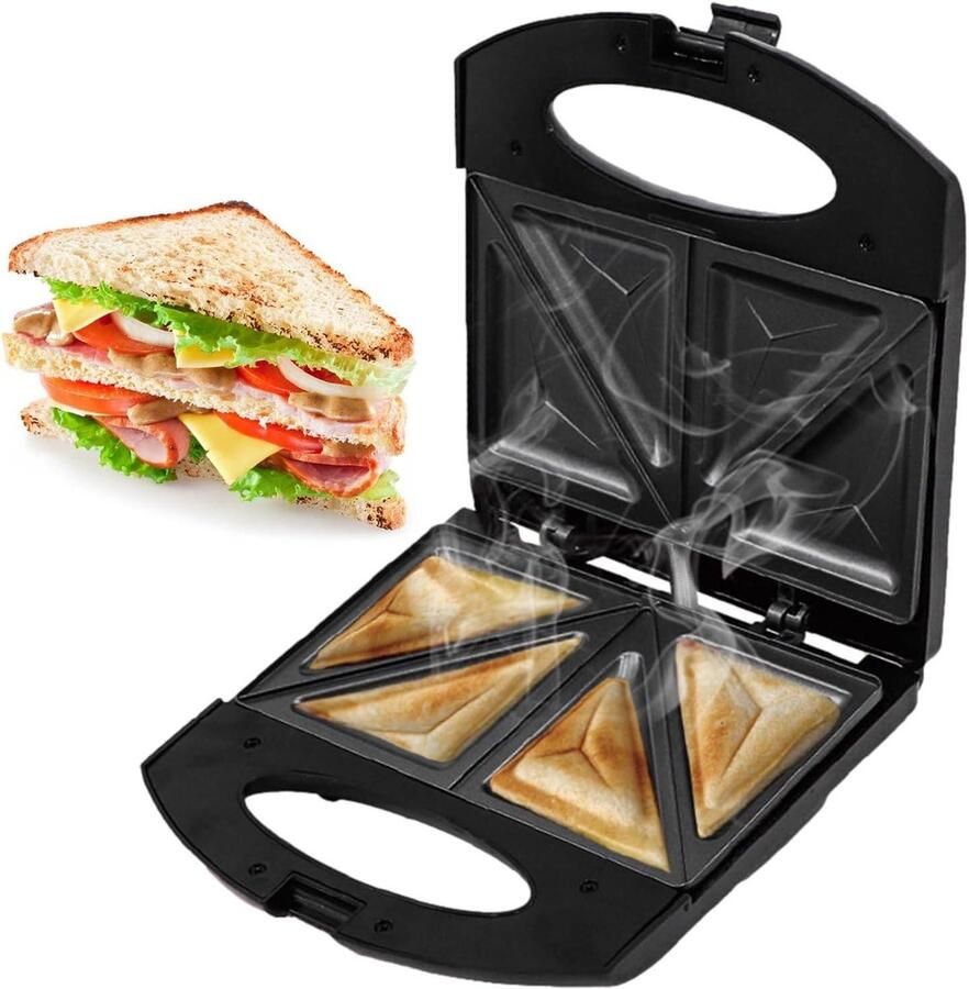 Elektrische Sandwichmaker Tosti IJzer Wafelmaker Ontbijt Maken Dubbelzijdige Platen 22 x 20 cm Zwart