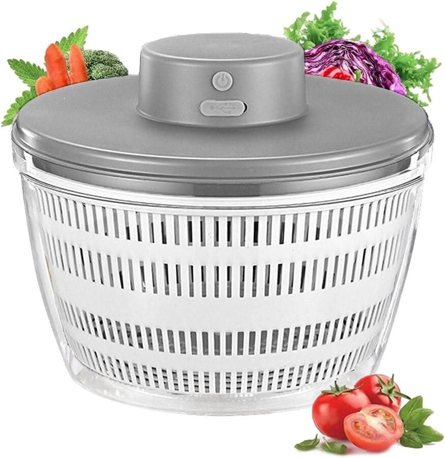 Elektrische slacentrifuge 4L draadloze USB-slacentrifuge en -droger voor groenten en fruit sladroger met grote capaciteit elektrische centrifuge met snelle afwatering – Wit