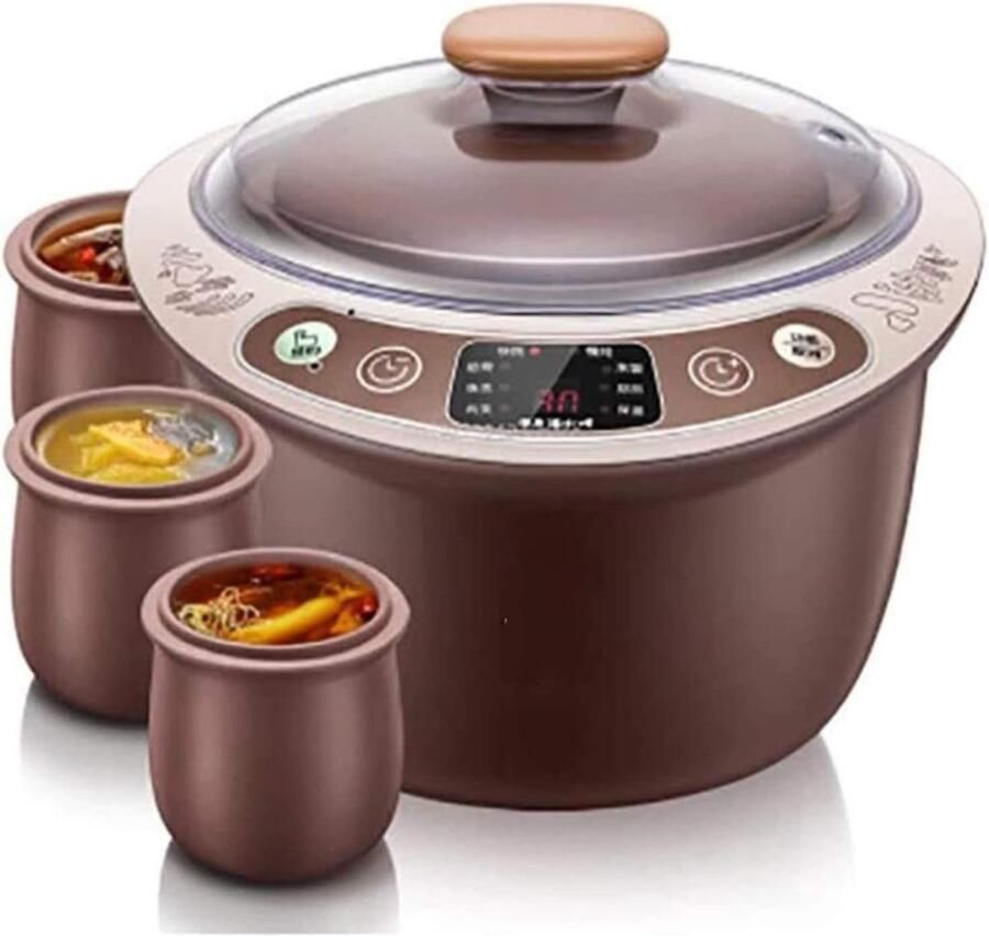 Elektrische Slowcooker Stoofpan Timer Gezinsmaaltijden Bereiden Vier Keramische Binnenpotten 2.5 Liter Bruin