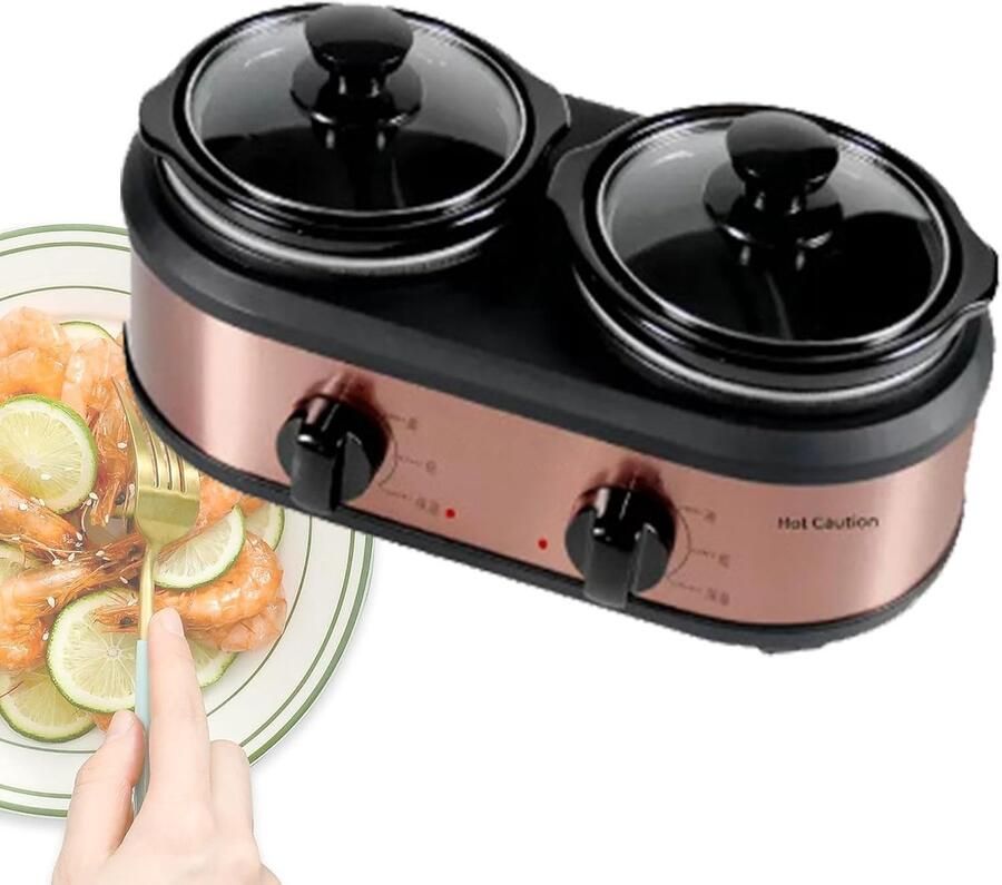 Elektrische Slowcooker Stoofpotmaker Culinair Kooktoestel Maaltijden Bereiden Drie-dimensionale Verwarming 2x 1.2L Zwart