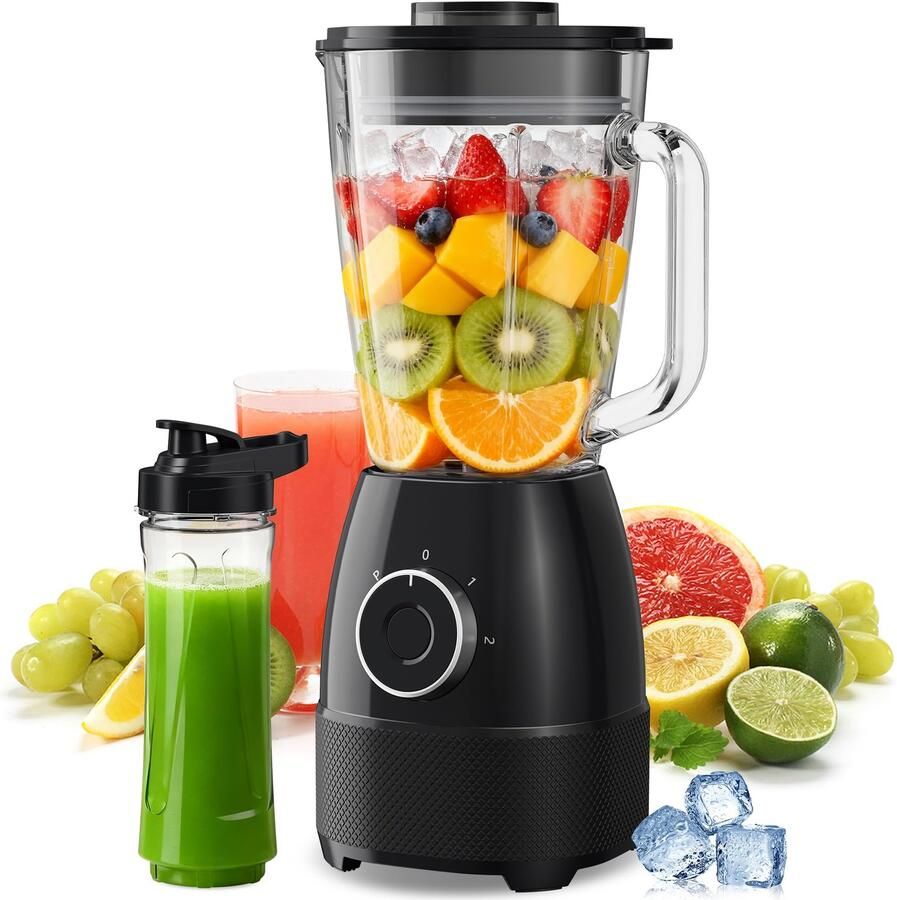 Elektrische smoothie-mixer 1500 W met glazen kan van 1 5 l en draagbare flessen van 600 ml instelbare snelheid lemmet van roestvrij staal voor ijs fruit en groenten