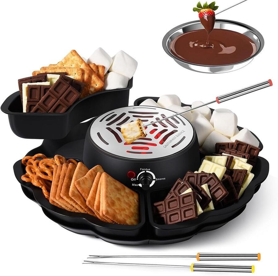 Elektrische Smores Maker Fondue Set Gezellige Avonden Vlamloze Verwarming 4 Bakjes 4 Vorken Zwart