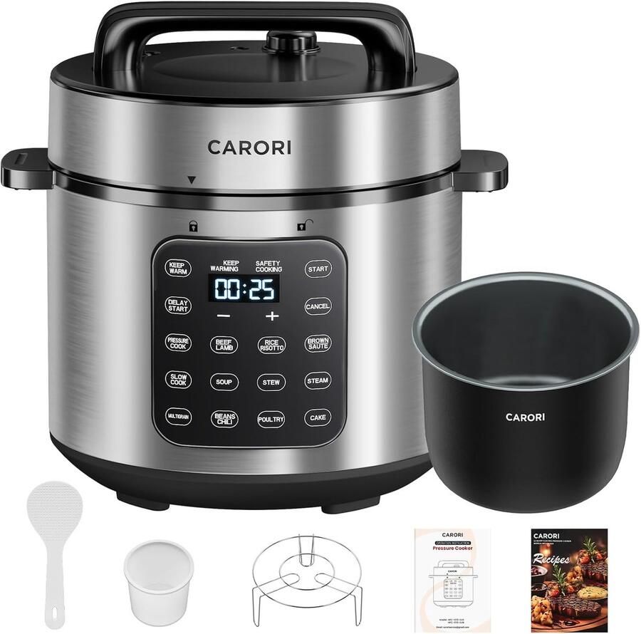 Elektrische Snelkookpan Multicooker Rijstkoker Snel Koken 9 Directe Programma's 6 Liter Capaciteit Verzilverd