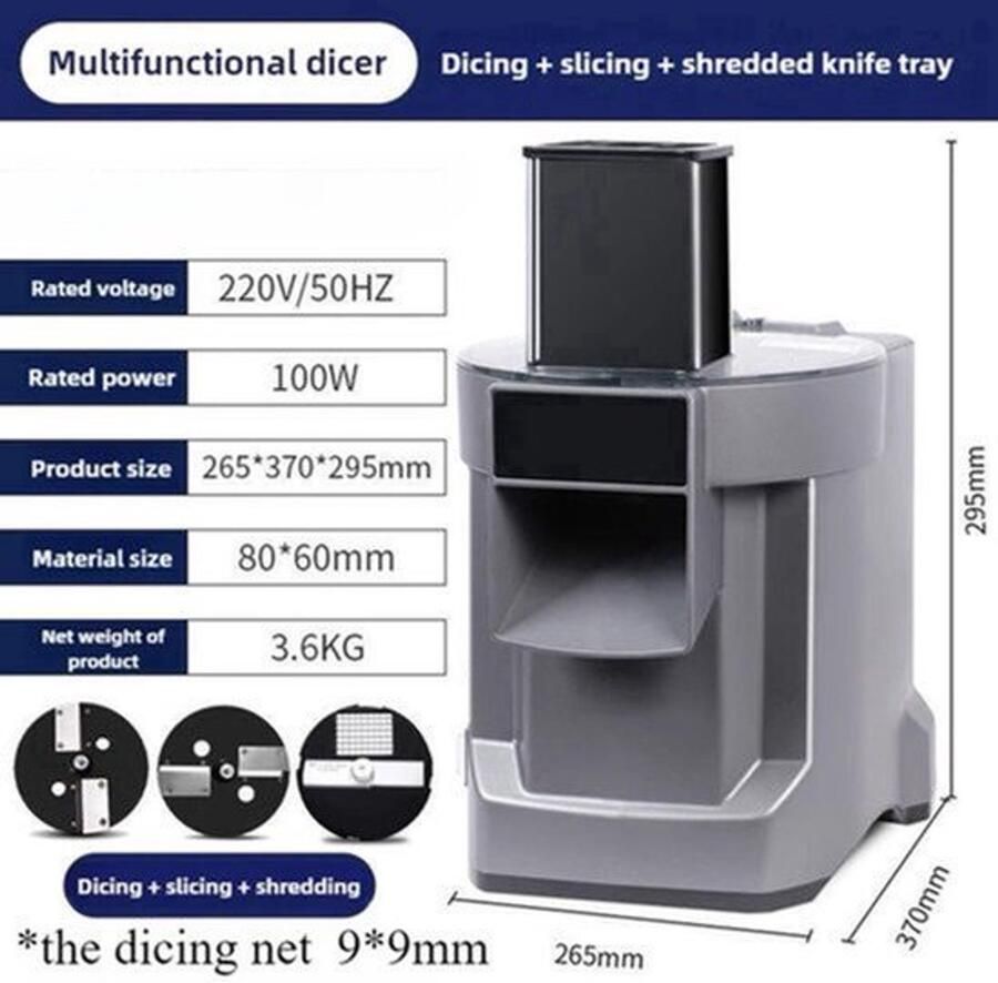 Elektrische Snijmachine 9x9 mm 100 Watt Vermogen PC+ABS Materiaal Keuken Groente Snijder