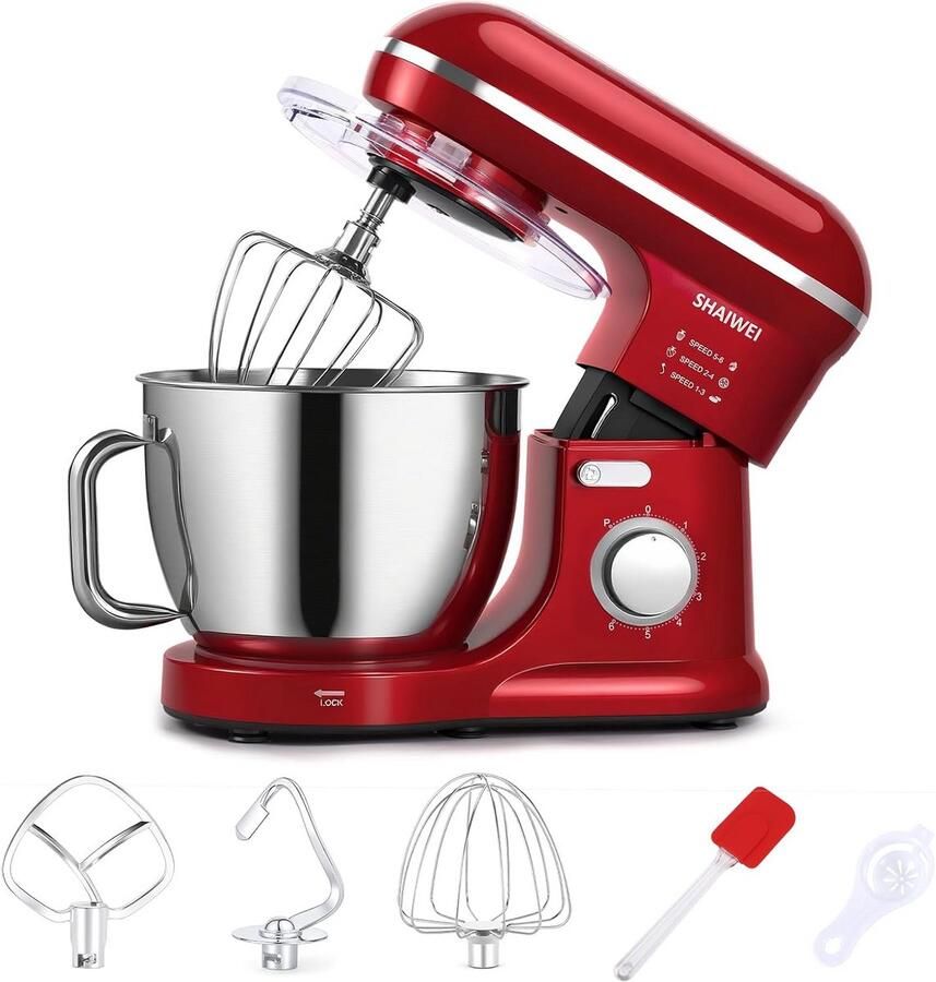 Elektrische Stand Mixer Keuken Mixer Bakken en Koken 660W Kracht 6 Snelheden 6.5 Liter Kom Rood