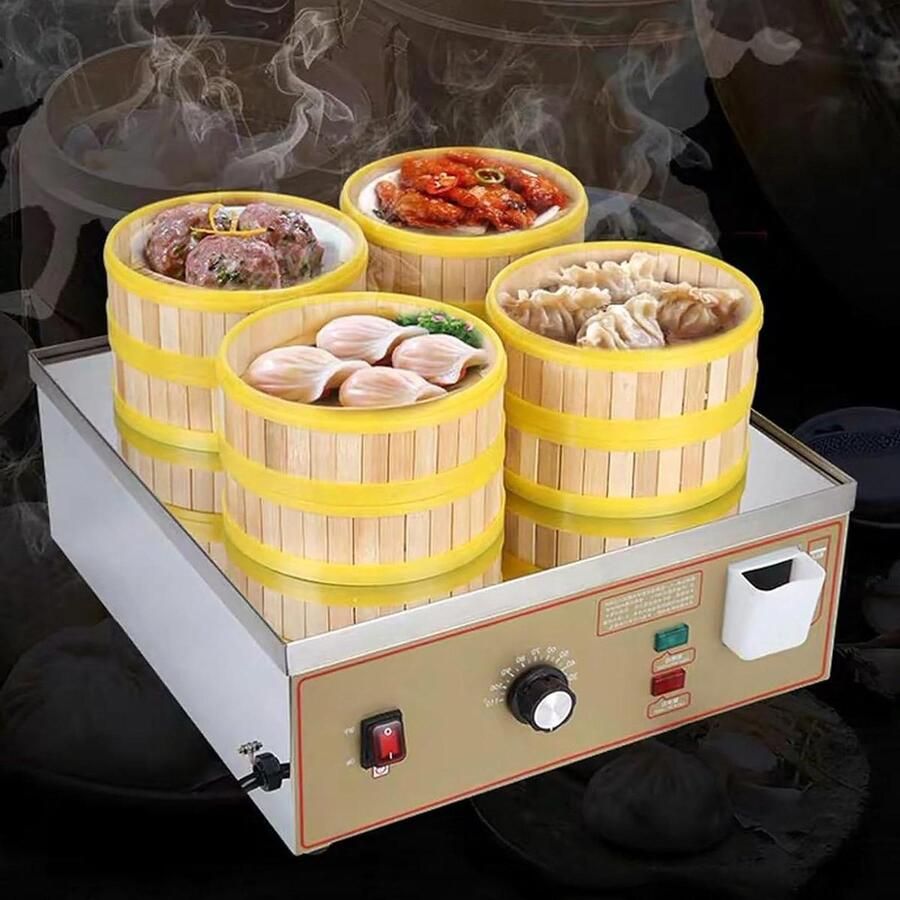 Elektrische Stomer Stoomoven Commercieel Broodjes Stomen Droog Brandalarm 4 Gaten Zilver