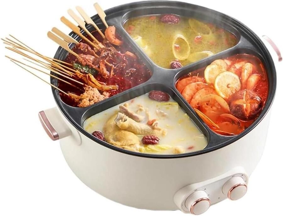 Elektrische Stoofpan Vier Vakken Pan Gezellig Eten Snelle Verwarmingsfunctie 6 Liter Inhoud Zwart
