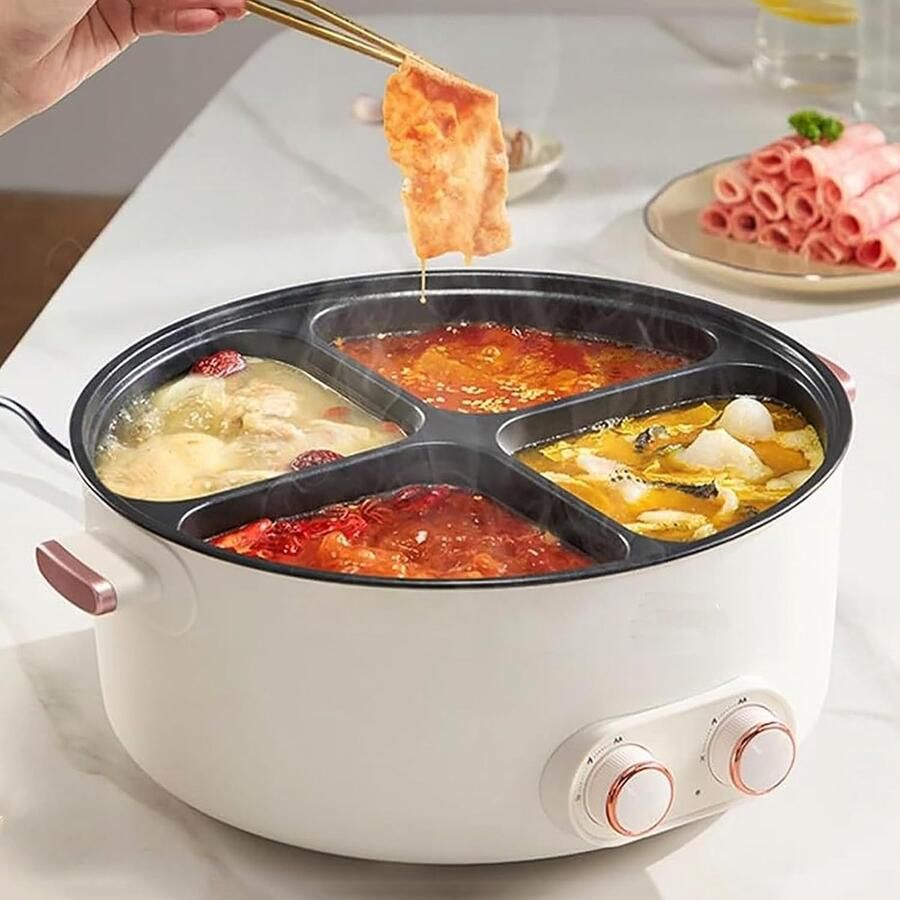 Elektrische Stoofpot Multicooker 4 Vaks Gelijk Koken Dubbele Temperatuurzones 6 Liter Capaciteit Roestvrij Staal