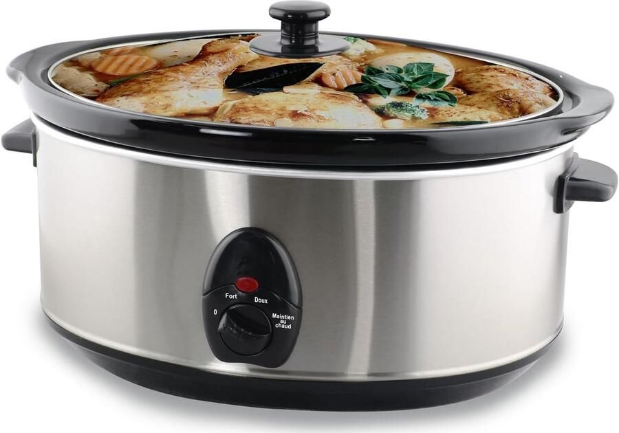 Elektrische Stoofpot Slowcooker Langzaam Garen Roestvrijstalen Wanden 6.5 Liter Zilver