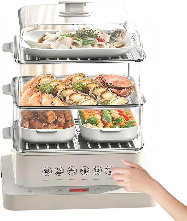 Elektrische Stoomkoker Drie Laags Koken Gezond Eten Bereiden 360° Stoomcyclus 28 Liter Capaciteit Zilver