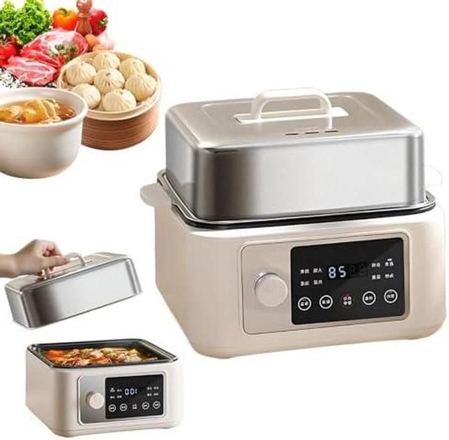 Elektrische Stoomkoker Multicooker Fondue Gezond Koken Touchscreen Bediening 12 Liter Zilver