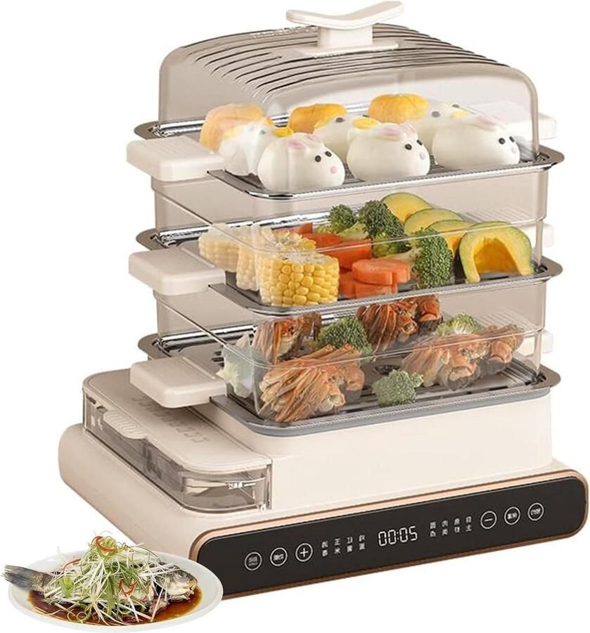 Elektrische Stoomkoker Multicooker Gezond Koken 3 Lagen Snel Stoom 20 Liter Off-white