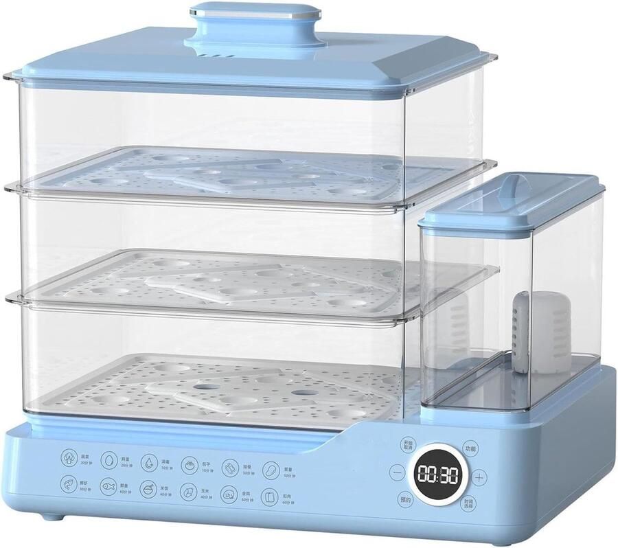 Elektrische Stoomkoker Multicooker Gezond Koken 3 Lagen Timer 24 Liter Blauw