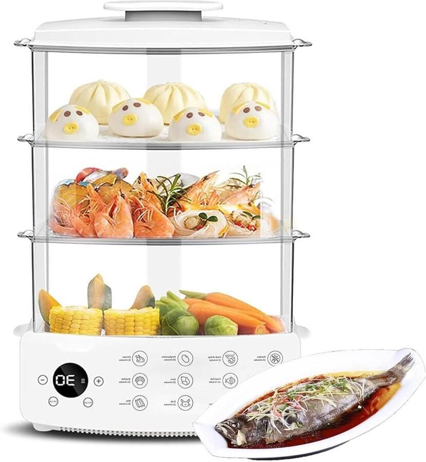 Elektrische stoompan Stoomkoker Gezond koken Intelligent touchdisplay 3 lagen 12L Wit
