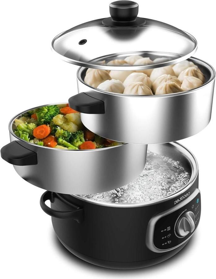 Elektrische stoompan Stoomkoker stoomoven Gezond koken 3 RVS containers 10 liter Zwart