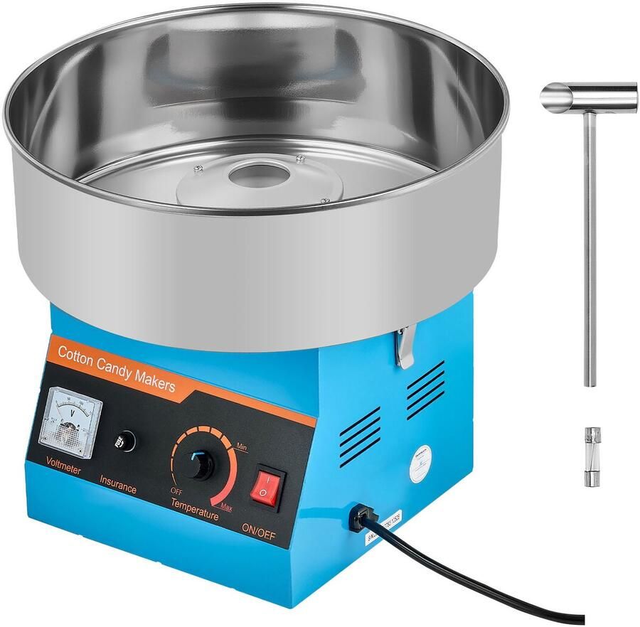 Elektrische Suikerspinmachine 1000 W met 38cm Roestvrijstalen Kom en Suikerlepel Ideaal voor Het Maken van Suikerspin Bij Verjaardagen en Familiefeesten Thuis Blauwe Uitvoering