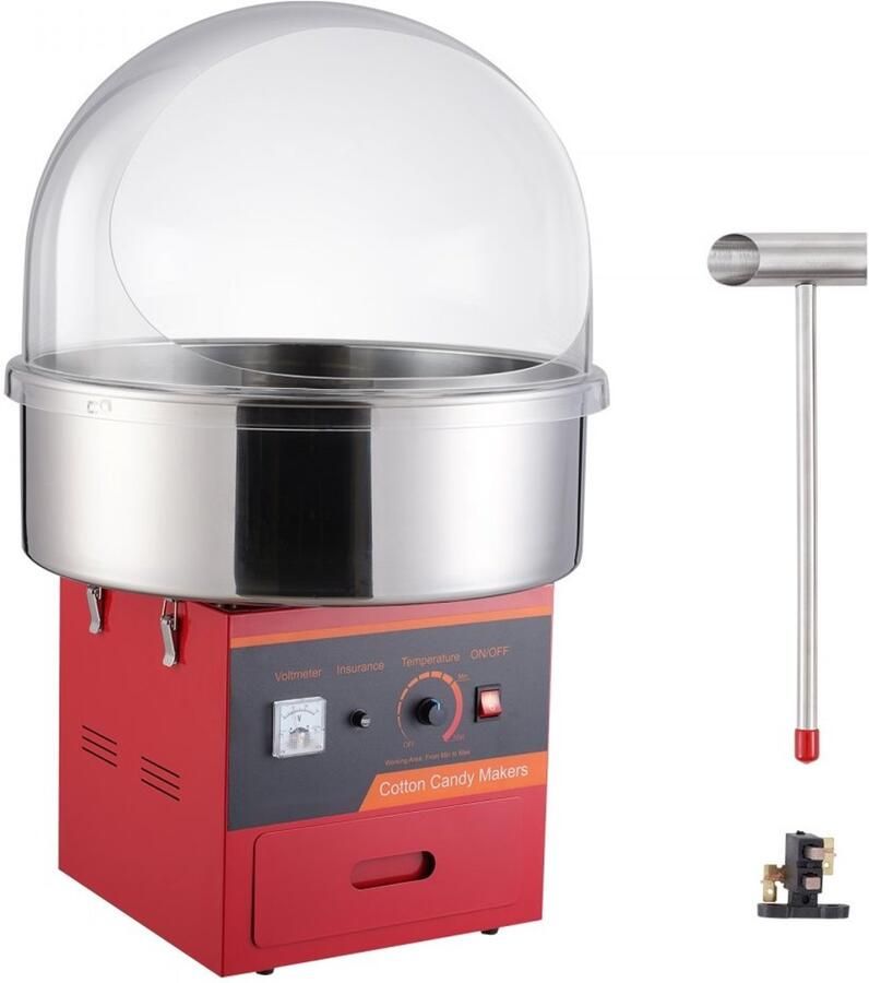 Elektrische suikerspinmachine Commercieel tafelmodel 1000 W RVS kom Met deksel Suikerschep en lade Voor feestjes en evenementen Rood