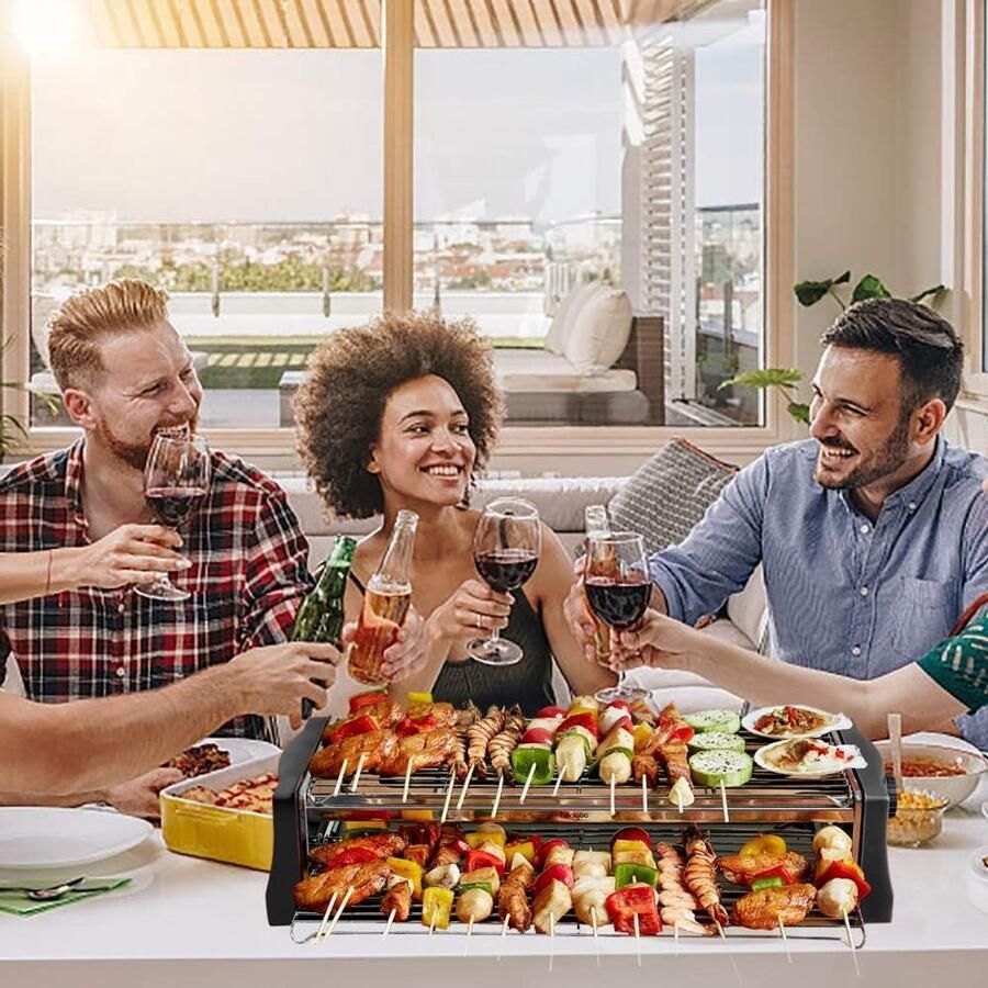 Elektrische tafelgrill 2200W – rookloze BBQ grill met dubbele laag – indoor & balkon grill – zwart