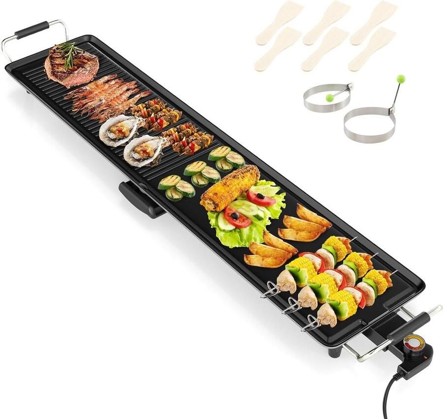 Elektrische Tafelgrill Bakplaat Grill Gezellig Tafelen Dubbelzijdig Kookoppervlak 100 x 22 cm Zwart