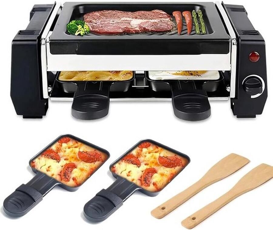 Elektrische Tafelgrill Bakplaat Raclette Gezellig Eten Dubbele Functie Compact Formaat Zwart