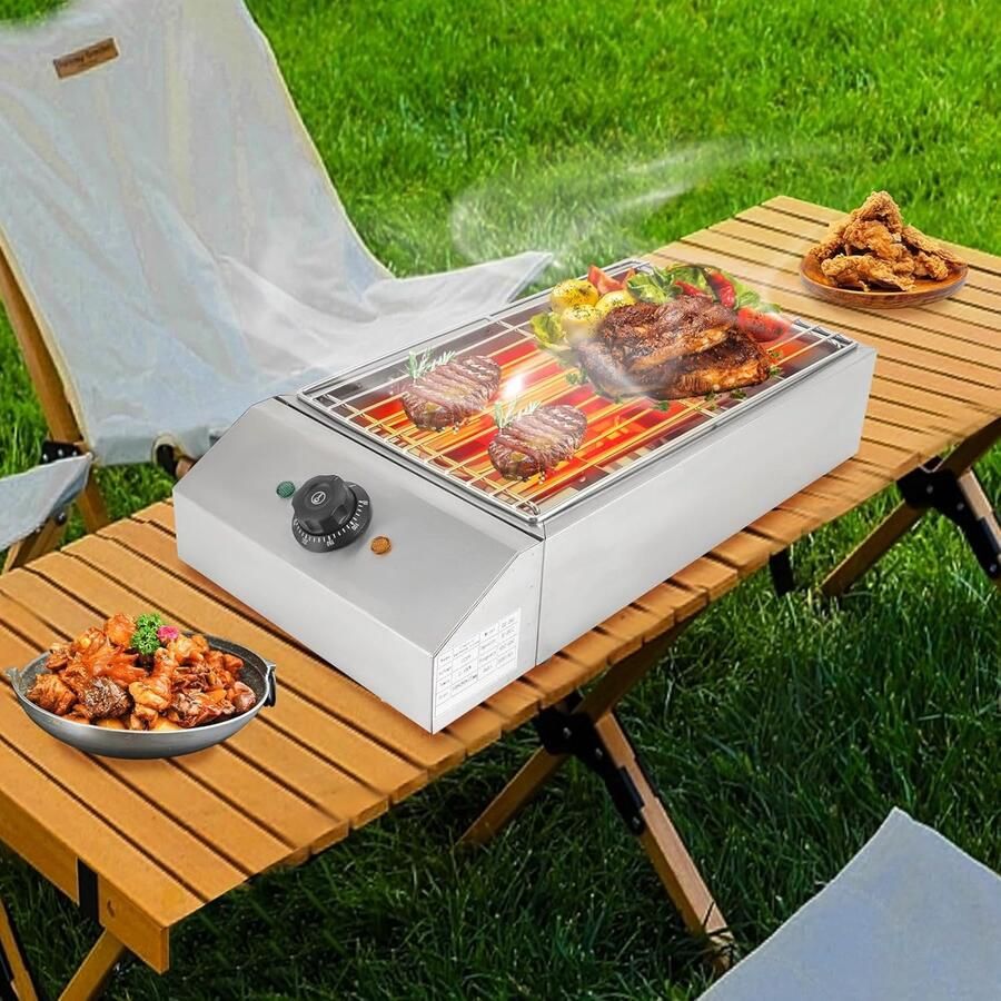 Elektrische Tafelgrill Buitenkeuken Grill Snel Grillen Verstelbare Temperatuur 25x42 cm Grill Zilver