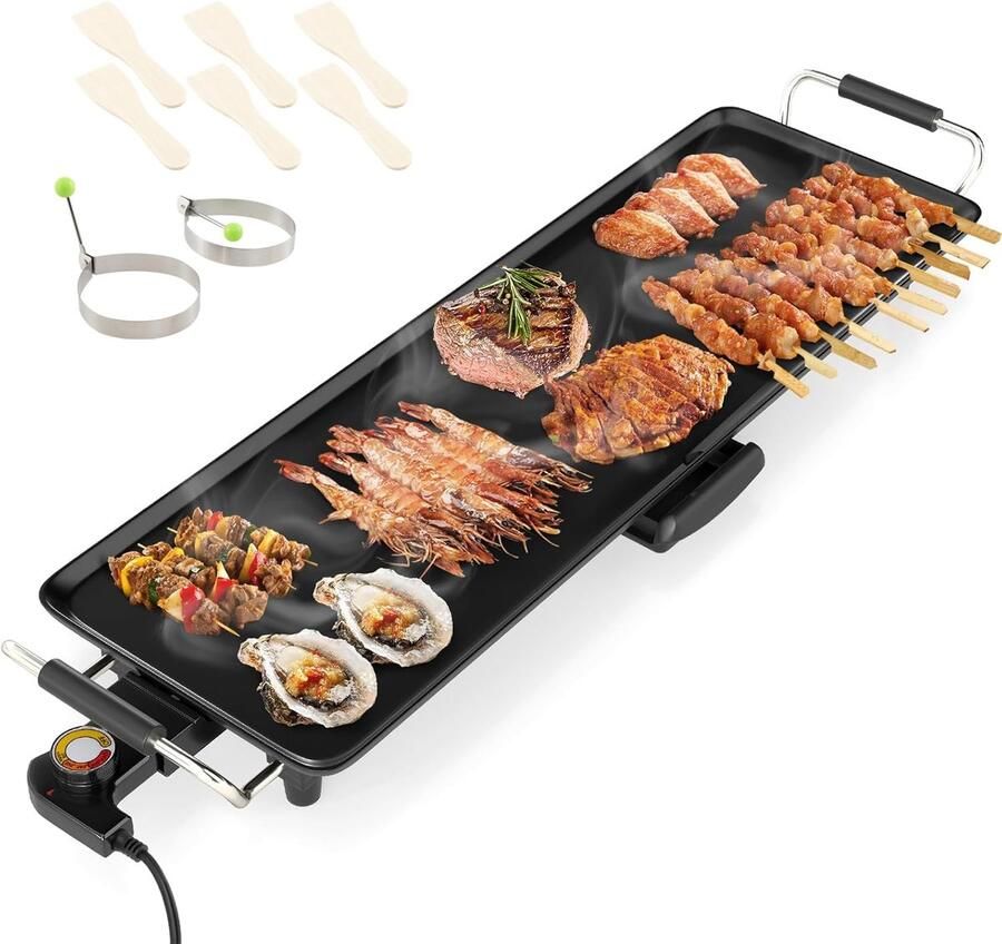 Elektrische Tafelgrill Contactgrill Plaat Gezellig Tafelen Ruim Anti-aanbakoppervlak 83.5 x 24 cm Zwart