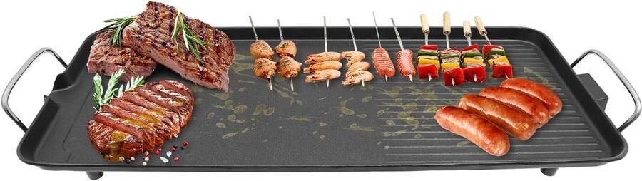 Elektrische Grillplaat Tafelgrill Buiten Balkon Tuin Snelle Opwarming Vetafvoer 68 x 28 x 7 cm Zwart