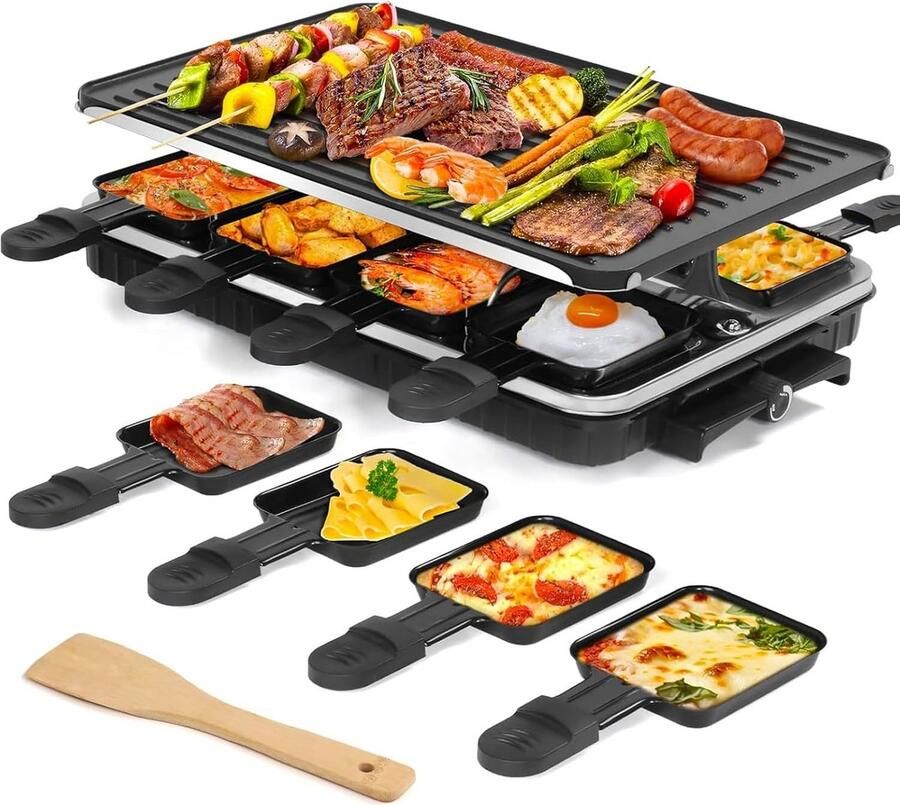 Elektrische Tafelgrill Raclette en Koreaanse BBQ 2-in-1 met 8 Pannetjes 1300W