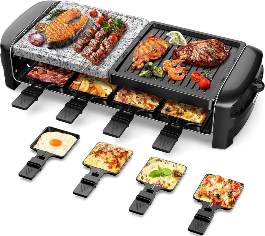 Elektrische Tafelgrill Raclette Grill Gezellig Eten Natuursteen Grillplaat 8 Pannetjes Zwart