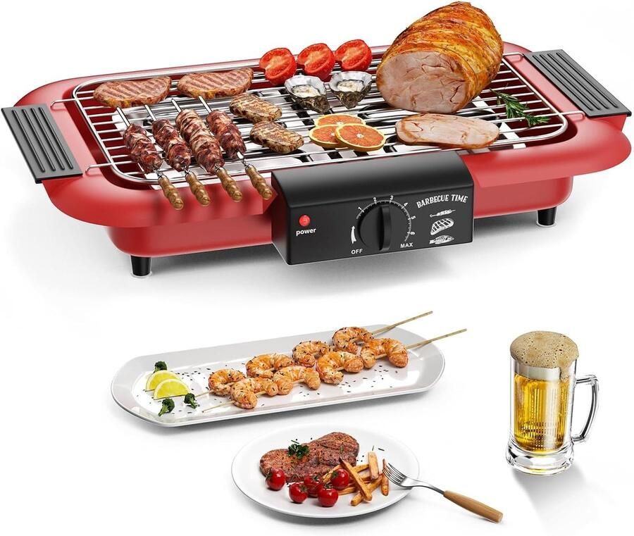 Elektrische Tafelgrill Rood Rookvrij 2000W Voor Binnen en Buiten