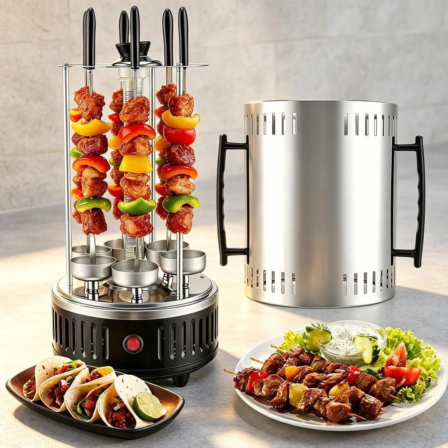 Elektrische tafelgrill verticale barbecue van roestvrij staal sjasliekgrill met 12 spiesen en 2 glazen buisverwarmingen 1000 W rookvrije binnengrill voor thuis balkon tuin
