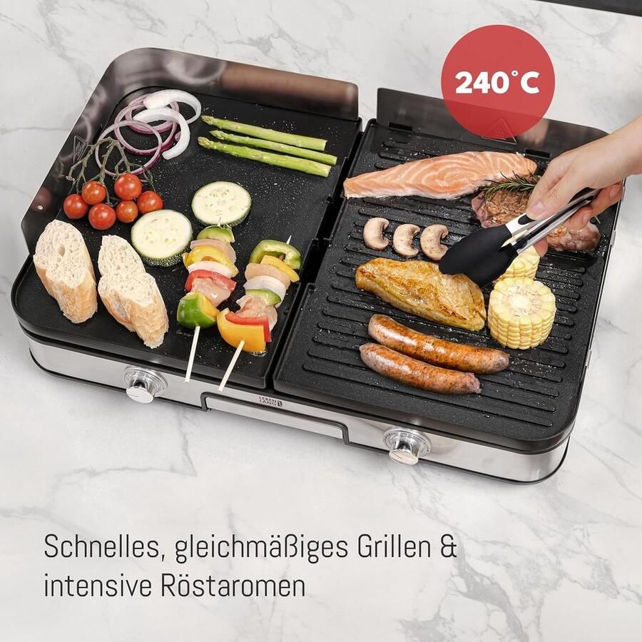 Elektrische Tafelgrill Zwart 2400W Gietijzeren Grillplaat met Anti-aanbaklaag Voor Binnen en Buiten Gebruik