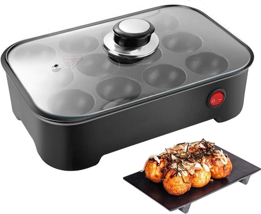 Elektrische Takoyaki Maker (12 Gaten) Mini Pannenkoeken & Octopus Ballen Pan met Deksel
