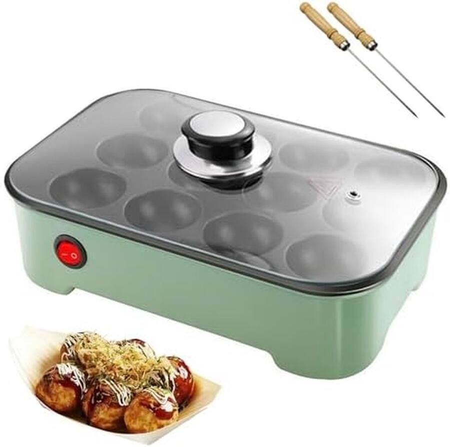 Elektrische Takoyaki Maker Octopus Ball Pan Japanse Snacks Maken Slimme Temperatuurregeling 12-gaats Groen